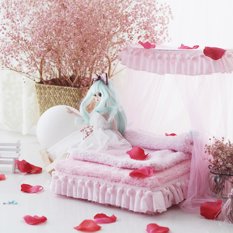 1/6 인형 집 가구 장난감 인형 핑크 부드러운 침대 모델 세트 bjd 인형 미니어처 시뮬레이션 침대 척 장난감 완구 소녀 선물